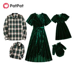 Patpat Family matching outfits groen fluwelen surplice nek ruches-mouw vrouwelijke jurken en plaid shirts familie look sets