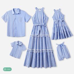 Patpat Family Matching Stripe Shirt en High Neck Halter Tiered Tassel Trim Dress Sets 240327