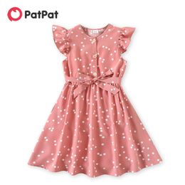 PatPat Enfant Fille Robes Polka Dots Bouton Conception Ceinture Flutter-manches Enfants Robe Col Rond Arc Ceinture Slim Fit A-ligne Robe