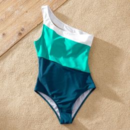 Patpat Summer Swimsuit Family matching outfits zwempakken kleurblok uit één stuk één schouderfamilie look zwemkleding sets