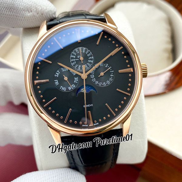 Patrimony Perpetual Calenda 43175 A21J Montre automatique pour homme Phase de lune Or rose Cadran noir Marqueurs de bâton Montres bracelet en cuir 5 styles Puretime01 E157b2