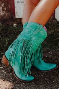 Patroon dikke cowgirls Fringe love cowboy vrouwen voor hakken puntige teen westerse laarzen slip op schoenen vrouwelijk plus maat 45 T230824 591