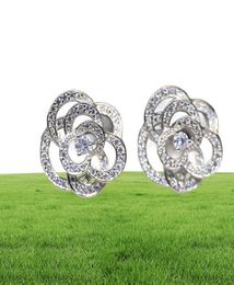 Boucles d'oreilles creuses à motif avec diamant camélia brillant, en argent Sterling S925, bijoux de marque de luxe en platine, à la mode, 5605912
