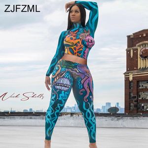 Patroon Print Sporty Crop Top + Skinny Legging Coöld Sets Training Activewear Volledige Mouw Fitness Twee Stuk Sweatsuit Club Outfit Y0625