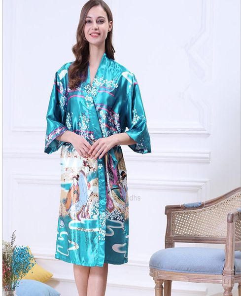 Patrón impresos Mujeres camisón Japonés Floral Yukata Kimono Satin Silk Rolles Vintage Rúnes lencería sexy