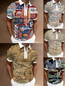 Poloshirt met patroon, 3D casual herentop met rits, groot formaat, korte mouwen