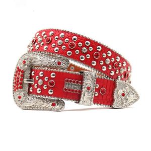 Ceinture à motifs de diamants d'eau avec petit motif de crocodile rouge, à la mode et polyvalente avec ceinture entièrement incrustée de diamants