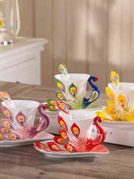 Pauw Theekopje Met Schotel Lepel 3D Keramiek Tea Cup Thermische Ontbijt Koffie Mokken Water Kerst Brithaday Gift RRA253