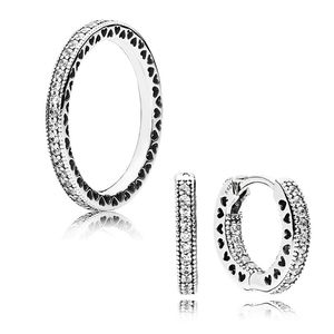 Pave Heart Hoop Oorbellen en RING Set voor Pandora Echt 925 Sterling Zilver designer Sieraden Voor Vrouwen Mannen Paar Gift Ringen Oorbel met Originele Doos Hoge kwaliteit