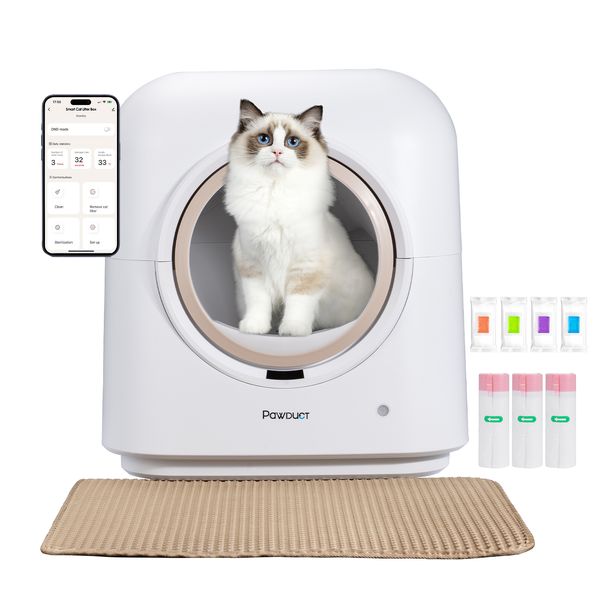 Pawduct Caja de arena inteligente para gatos con autolimpieza, caja robotizada automática extra grande para varios gatos con control remoto de aplicación, protección de seguridad por radar inteligenteA, alertas