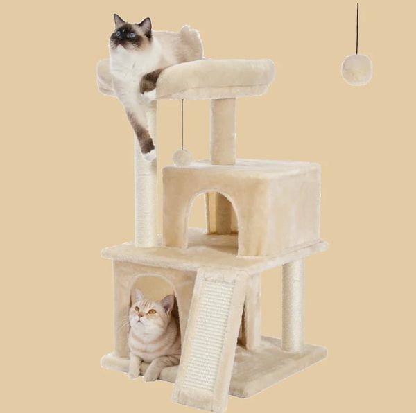 Pawz Road Árbol para gatos de condominios dobles de felpa multinivel de 34 pulgadas