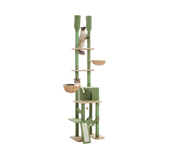 PAWZ Road Arbre à chat cactus du sol au plafond, tour à chat avec hauteur réglable (85-112 pouces), centre d'activités d'escalade à 7 niveaux avec hamacs confortables