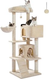 PAWZ Road Árbol para gatos con percha superior súper grande, torre para gatos de 56,3 pulgadas para gatos grandes con hamaca de felpa, estantes para gatos y pompón colgante, postes rascadores para gatos y 2 casas de condominios