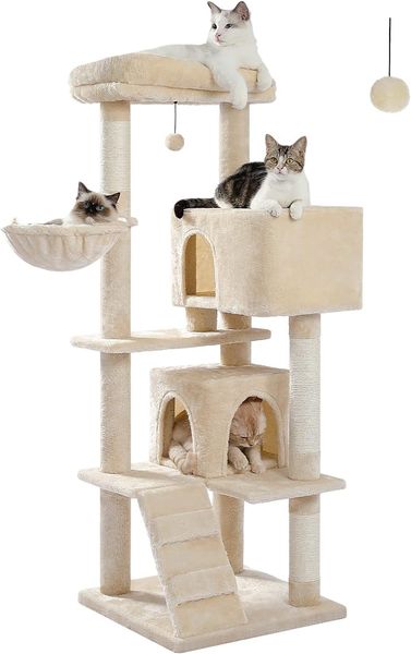 PAWZ Road Arbre à chat avec très grand perchoir supérieur, tour à chat de 140 cm pour grands chats avec hamac en peluche, étagères pour chat et pompon pendant, griffoirs pour chat et 2 maisons de condos