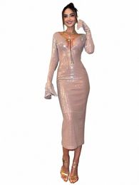 Pb Sexy Lg manches découpées à lacets paillettes élégant Blackl soirée Maxi Dr femmes bal Party Club Wear Vestios v9FV #