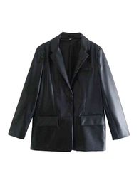 PBZA4432710 Vrouwen 2022 Nieuwe mode -imitatie Leather Blazer Coat Vintage Long Sleeve Back Vents vrouwelijke bovenkleding 4432/710 L220728