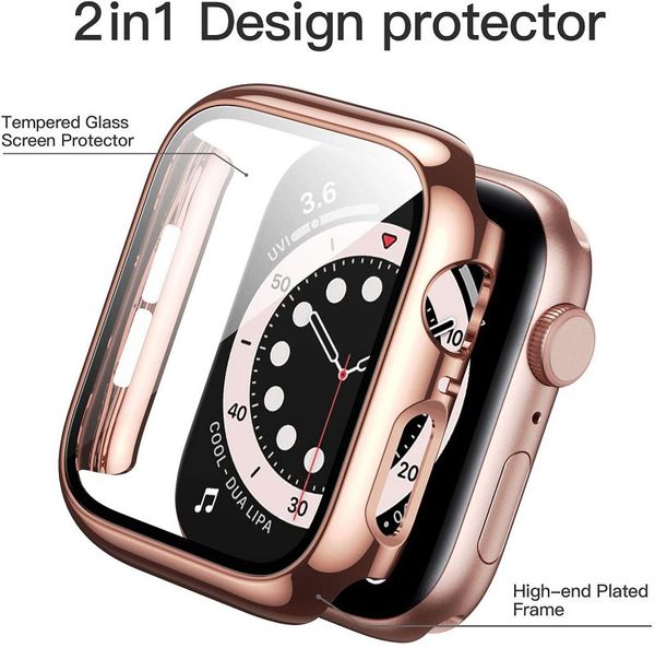 Boîtiers de montre plaqués PC compatibles avec iwatch 38 mm 40 mm 42 mm 44 mm avec protection d'écran en verre trempé intégré Ultra-mince résistant aux rayures Bumper Housse de protection