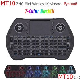 Télécommandes PC MT10 Clavier sans fil Russe Anglais Français Espagnol 7 couleurs Rétro-éclairé 2.4G Toucad pour Android TV Box Air Mouse Dro Otd7N