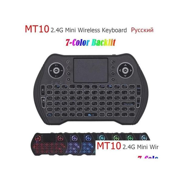 Télécommandes PC MT10 Clavier sans fil Russe Anglais Français Espagnol 7 couleurs Rétro-éclairé 2.4G Toucad pour Android TV Box Air Drop Deli Ot0L8