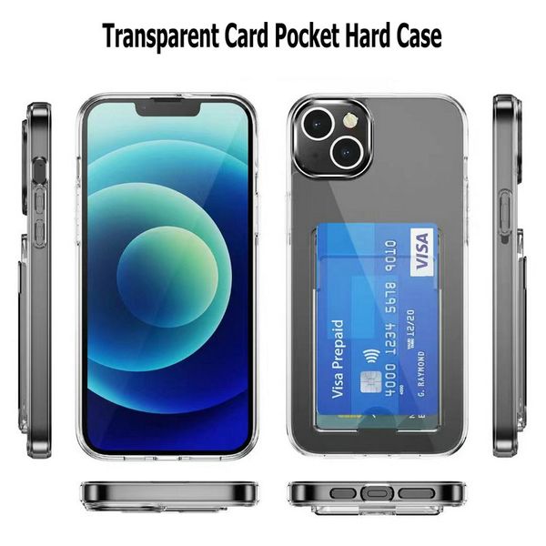 Clear Card Slot Pocket Hard PC Phone Cases pour iPhone 14 13 12 11 Pro Max XR S21 S22 Ultra Plus 1.5MM