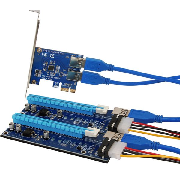 Freeshipping PCIe Tarjeta vertical 1 a 2 PCI-E 1X a PCI-E 16X Ranura con cable de alimentación USB 3.0 Adaptador de minería Conveter para BitCoin