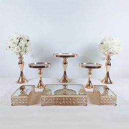 Pcs Or Galvanoplastie Cristal Gâteau Stand Ensemble Miroir En Métal Cupcake Affichage De Mariage Fête D'anniversaire Dessert Plaque Rack Autre Bakeware173B