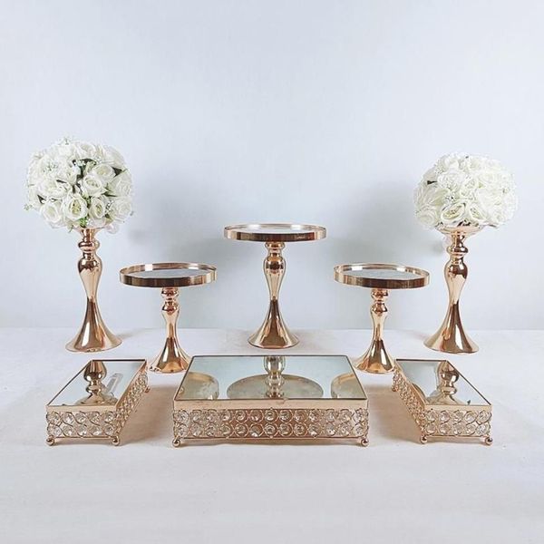 PCS Gold Electroplate Crystal Cake Stand Set Miroir Métal Cupcake Affichage De Mariage Fête D'anniversaire Dessert Plate Rack Autres Bakeware280o