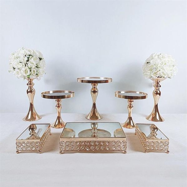 Pcs Or Galvanoplastie Cristal Gâteau Stand Ensemble Miroir En Métal Cupcake Affichage De Mariage Fête D'anniversaire Dessert Plaque Rack Autre Bakeware173B