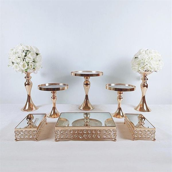 Pcs Or Galvanoplastie Cristal Gâteau Stand Ensemble Miroir En Métal Cupcake Affichage De Mariage Fête D'anniversaire Dessert Plaque Rack Autre Bakeware2102