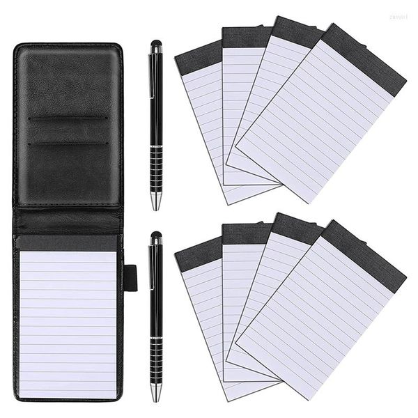 Mini portanotas de bolsillo de cuero PU, cuaderno de negocios incluido, 2 bolígrafos de Metal, 8 libros de notas recargables, color negro