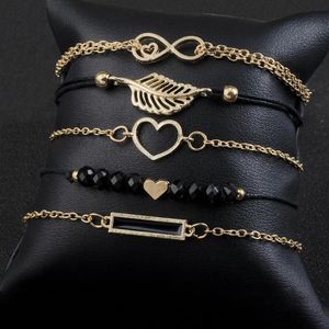 Pcs ensemble Amour Coeur Infinity Symbole Charme Bracelets Pour Femme Or Lien Chaîne Plume Creuse Perles Noires Braclet Girl328W