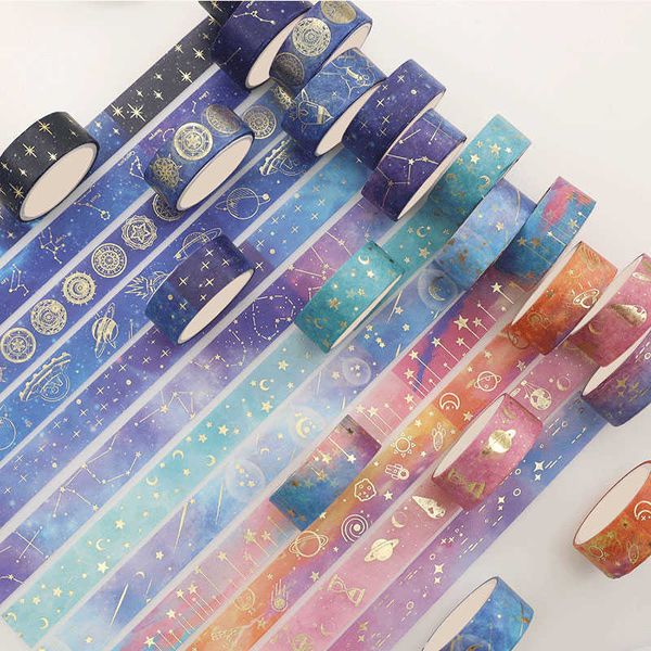 PcsSet-Cinta Washi de estrellas y planetas, papel de aluminio dorado, adhesivo decorativo Kawaii, papelería para diario de álbum de recortes