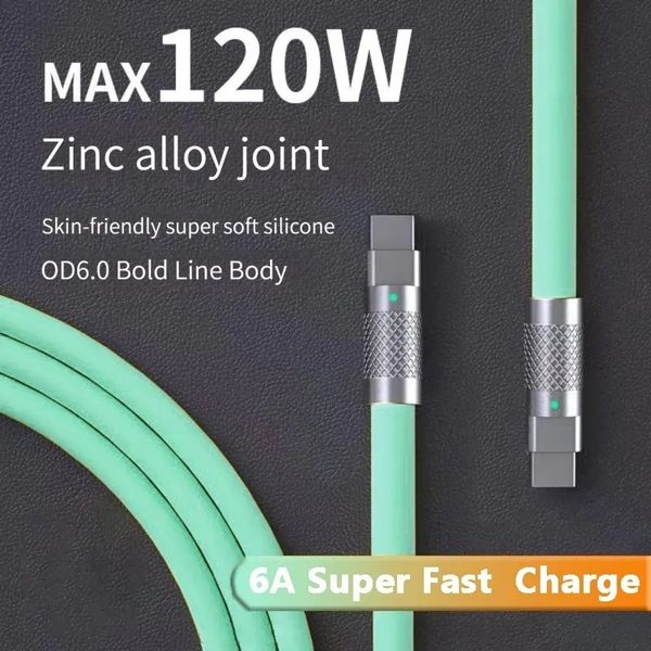 Câbles de charge ultra rapides PD 120W 6A Câble en silicone liquide de type C Câble de charge rapide Joint en alliage de zinc Câble de chargeur USB C à C pour Xiaomi Samsung LG