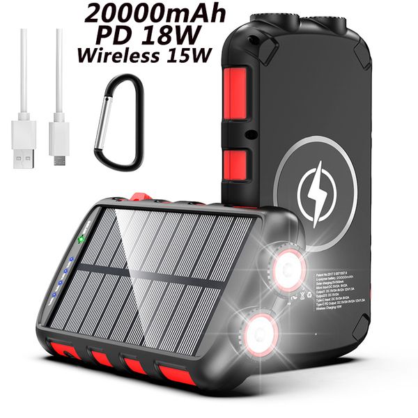 PD 18W Real 30000mAh banco de energía Solar portátil cargador inalámbrico rápido teléfonos inteligentes Powerbank batería externa lámpara led impermeable