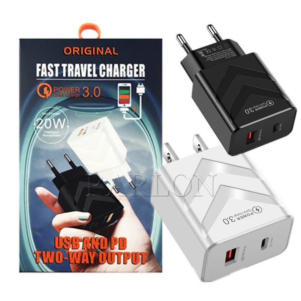 PD 20W QC3.0 Chargeur de téléphone portable Double charge rapide USB Type C Charge murale de voyage US EU Adaptateur secteur universel avec emballage de vente au détail