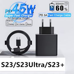 Cargador súper rápido PD 45W para Samsung Galaxy S21 S22 S23 Ultra Plus S20 fe Cargador USB C Cable tipo C Accesorios de carga rápida Cargador de pared Adaptador de corriente UE EE. UU. Cable 5A C-C