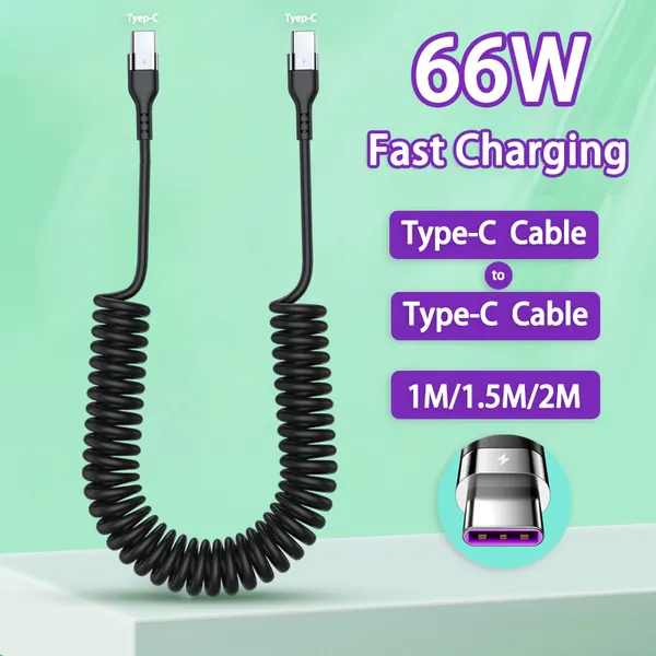 Câble de charge rapide PD 66W Type C à type-c 5A, 1M/1.5M, pour Samsung Xiaomi Redmi OnePlus, chargeur de téléphone, câble télescopique à ressort pour voiture