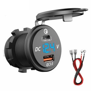 PD Snelle lading 3.0 s Socket Adapter Dual USB-oplader met LED-Voltmeter en kabel voor 12-24V auto motorfietsen