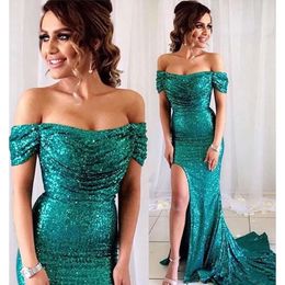 Robes de pois 2021 Elegant Off Sequins Evening the épaule sirène rucée latérale Slit Sweep Train Forme Prom Party Party Custom Made