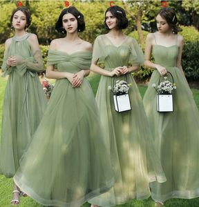 Erwtengroen zachte tule bruidsmeisje jurk 4 stijlen vloerlengte op maat gemaakte formele jurken