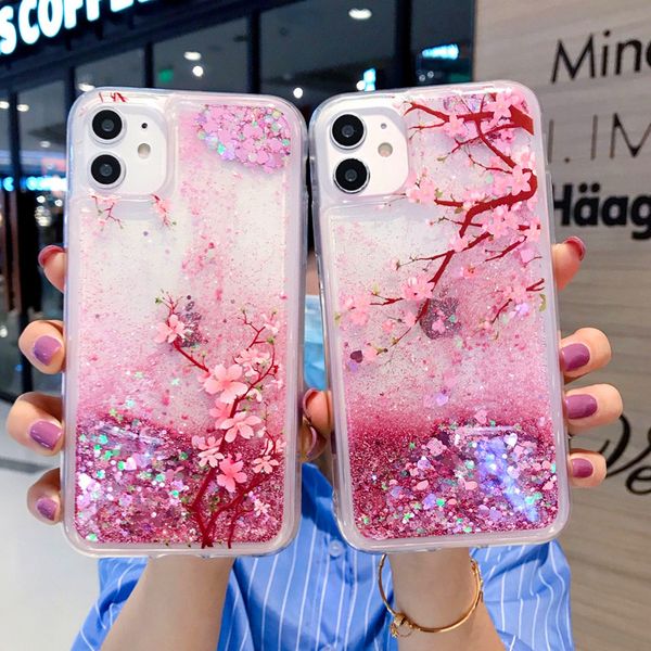 Peach Blossom Quicksand Coque de téléphone Flower Liquid Back Cover Glitter Water Bling Protector pour iPhone 14 13 12 11 pro max Samsung Note20 Ultra Note10 Note9 S23 S22 S21
