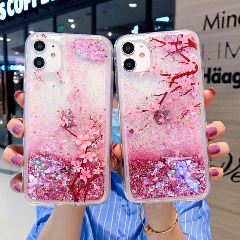 Peach Blossom Quicksand Phone Case Flower Liquid Back Cover Glitter Water Bling Protector för iPhone 14 13 12 11 Pro Max Samsung Note20 Ultra Note10 Note9 S23 S22 S21