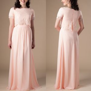 Peach Boho Lange bescheiden bruidsmeisjekleding met dopmouwen kanten top chiffon rok Boheems formeel rustieke trouwfeestjurk religieus 2254