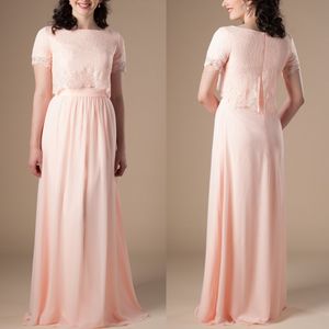 Peach Boho Lange bescheiden bruidsmeisjekleding met dopmouwen kanten top chiffon rok Boheems formeel rustieke trouwfeestjurk religieus 259y