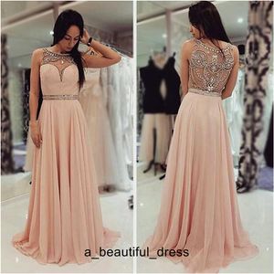 Peach Champagne Kralen Chiffon Formele Jurken Sparkly Crystal Back Crew Elegante Volledige lengte Custom Make Women's Gelegenheid Avondjurk Ed1257