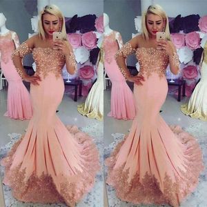 Peach Elegant zeemeermin prom -jurken met afgedekte lange mouwen kanten appliques kralen Kralen