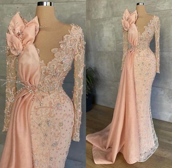 Peach Pink Manches longues Sirène des robes formelles du soir de la dentelle scintillante Aso Ebi Robes de bal africaines BC108853371581