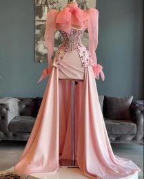 Robes de bal d'anniversaire en Organza rose pêche, avec manches longues, perles de cristal, Corset haut et bas, robe de garde de soirée