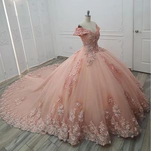 Peach roze prinses Quinceanera jurkt van de schouder gezwollen baljurk zoete 16 jurk kralen veter omhoog 15 jaar feestjurk