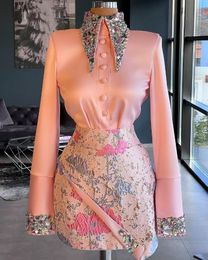 Robe de Cocktail de soirée courte rose pêche, jupe en dentelle florale en cristal, manches longues, robe de bal d'anniversaire
